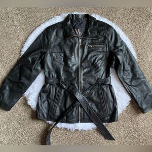 Winlit Leather Jacket Coat Zip & Tie Front‎ Belt Black Womens Size Petite Large